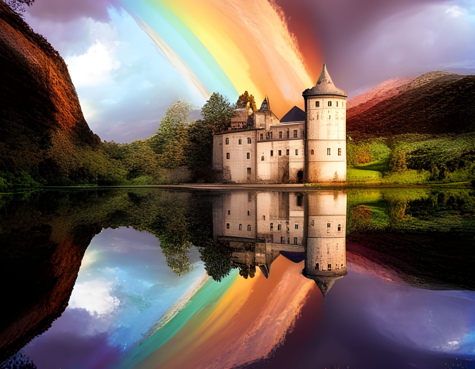 Ruined Castle Under Rainbow: Cinematic Photo