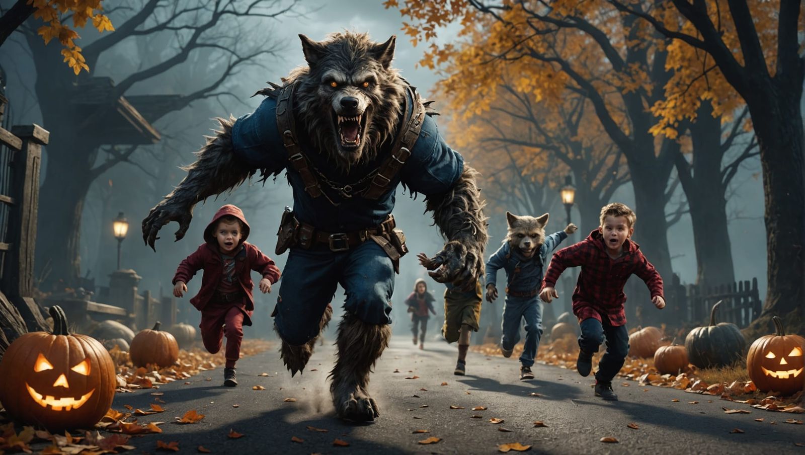 Werewolf's Halloween Fright: A Detailed Fantasy Art Piece