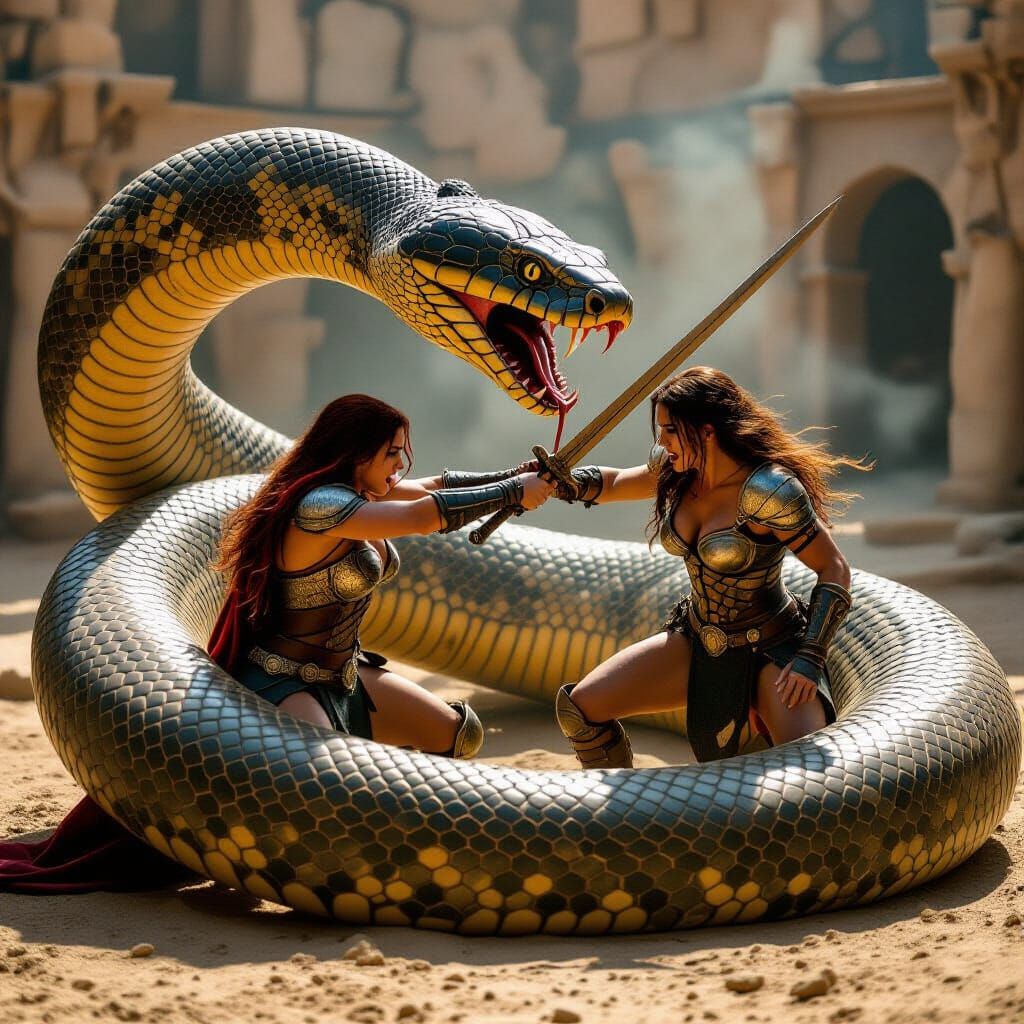 Red Sonja Battles Giant Snake: Cinematic Film Still