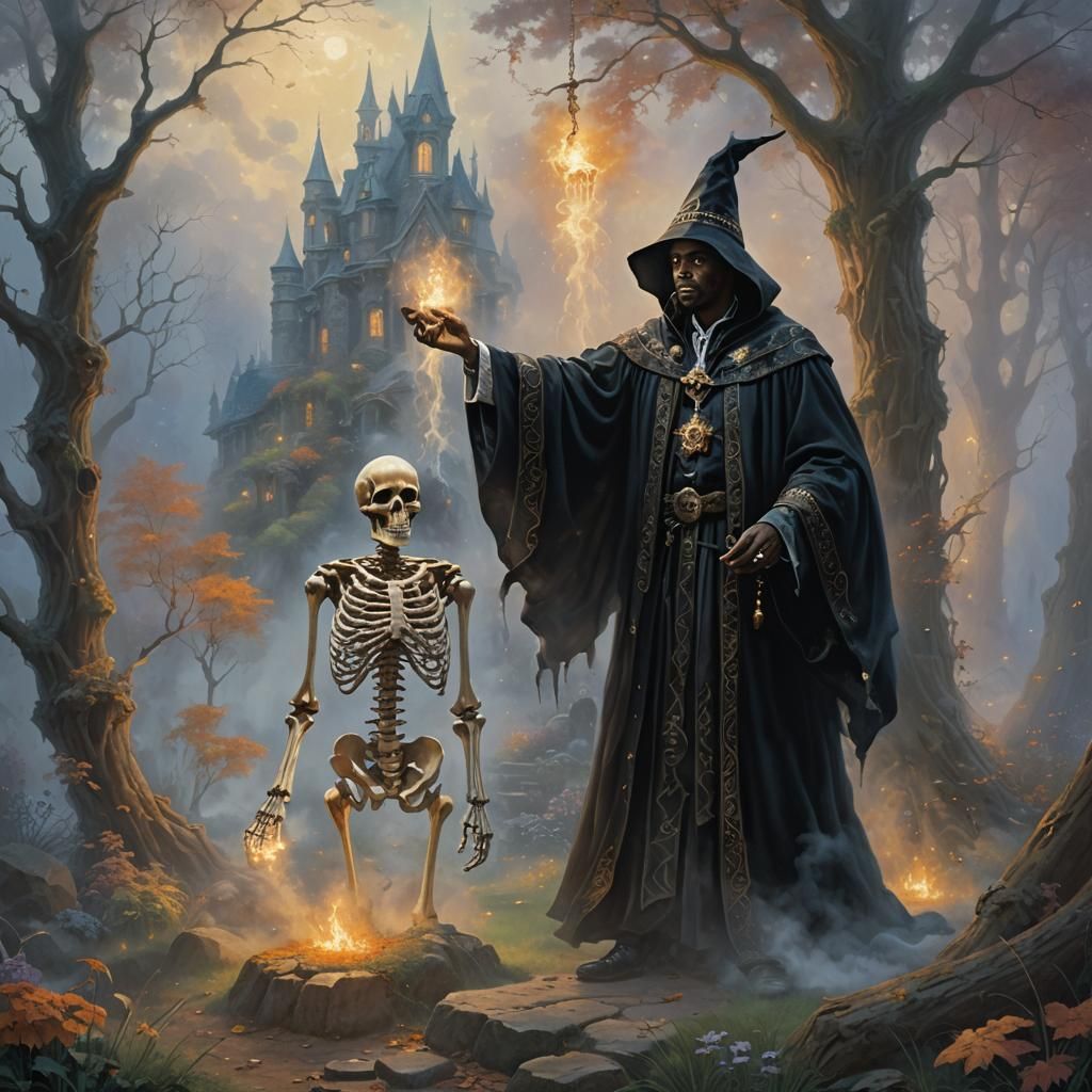 Wizard Summons Skeleton in Ethereal Fantasy Style