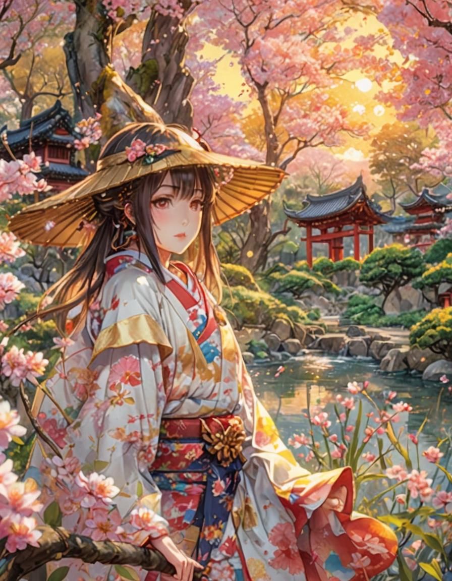 Anime Girl in Japanese Garden Watercolor Painting