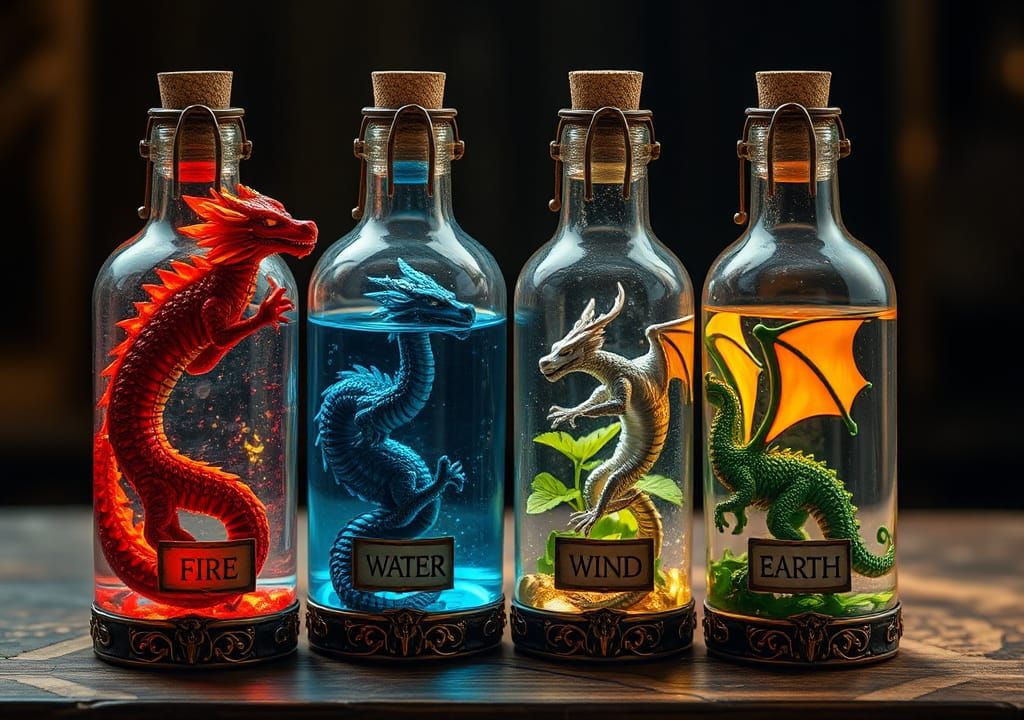 Elemental Dragons in Bottles: Fantasy Art