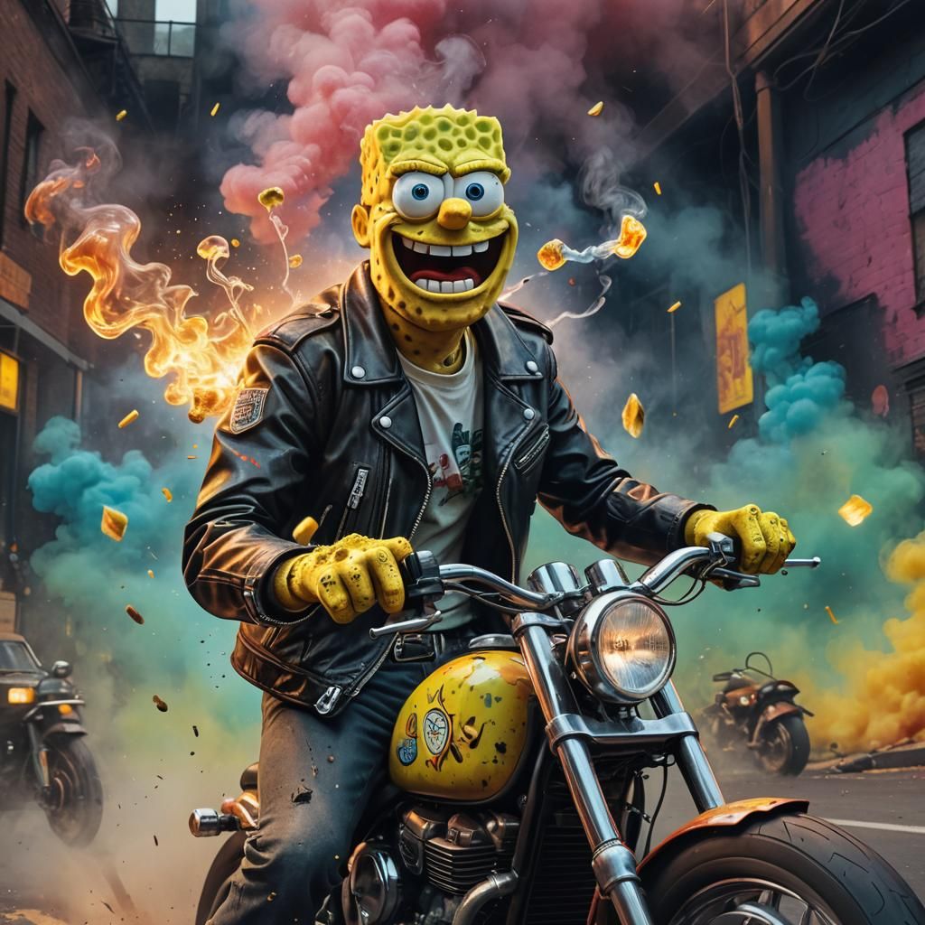 Spongebob Rides a Motorcycle: Hyper-Realistic 80s Style