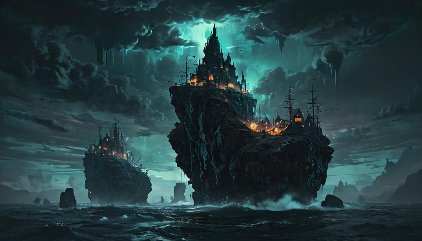 floating islands in dark sky above ocean