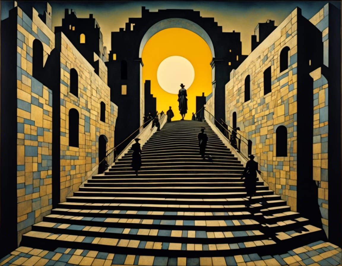 Dystopian Stairway with Androids in Surreal Style