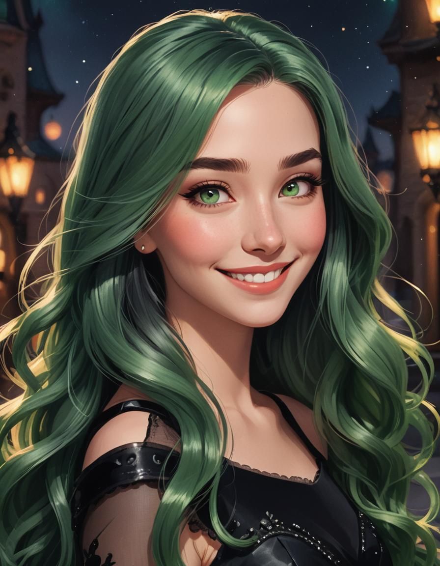 Green-Eyed Girl Portrait in Disney Cartoon Style