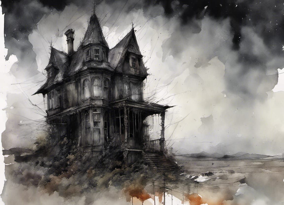 Dramatic Gothic House in Rain - Watercolor Sketch