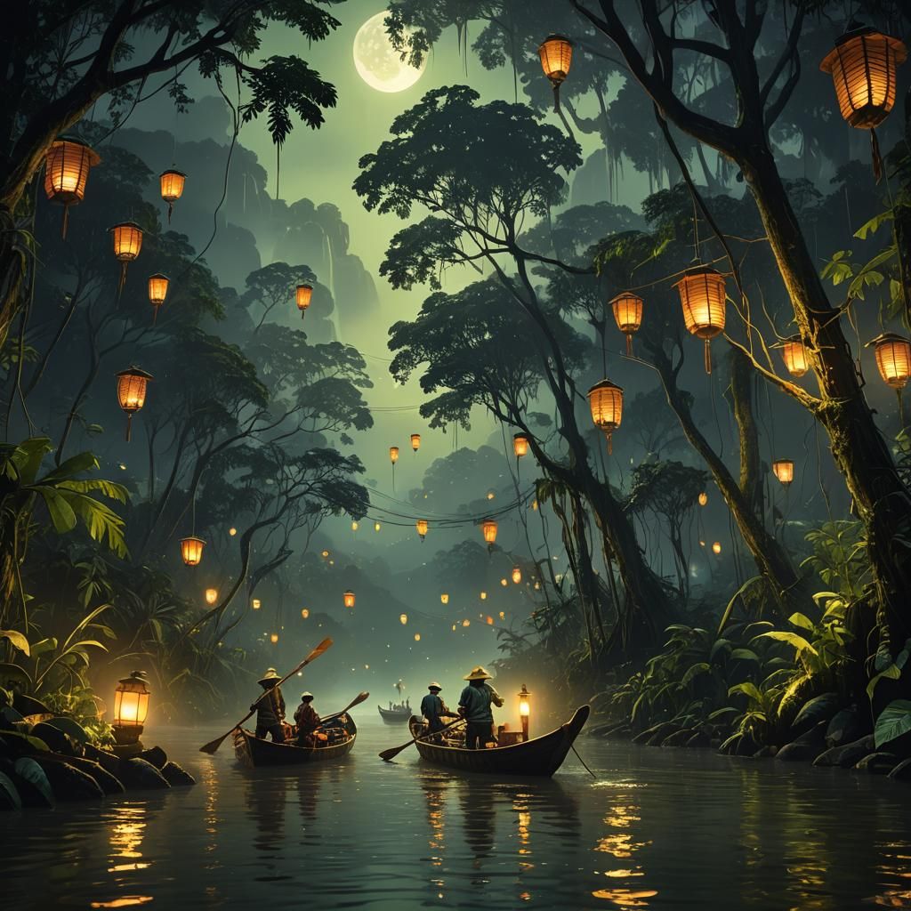 Night Navigation Through Amazon Rainforest: Matte Painting
