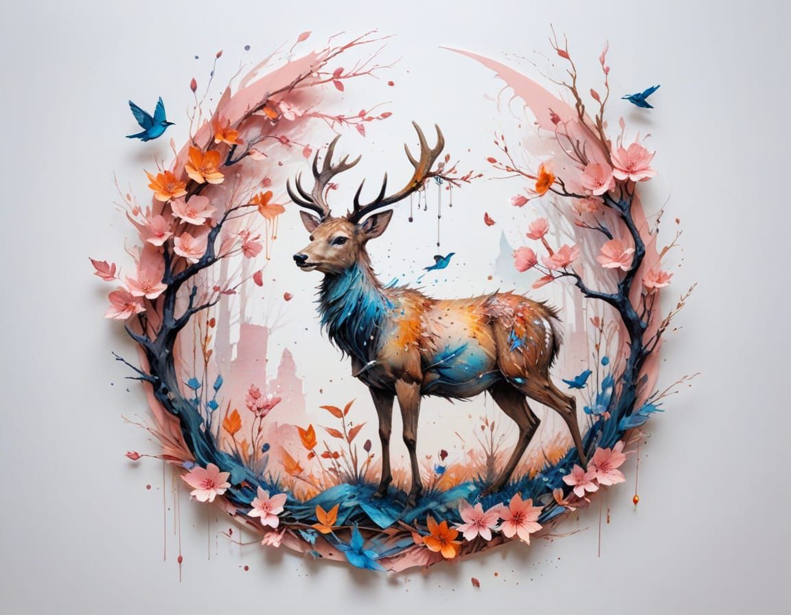 Whimsical Paper Diorama of Spring Orchard with Deer and Lant...