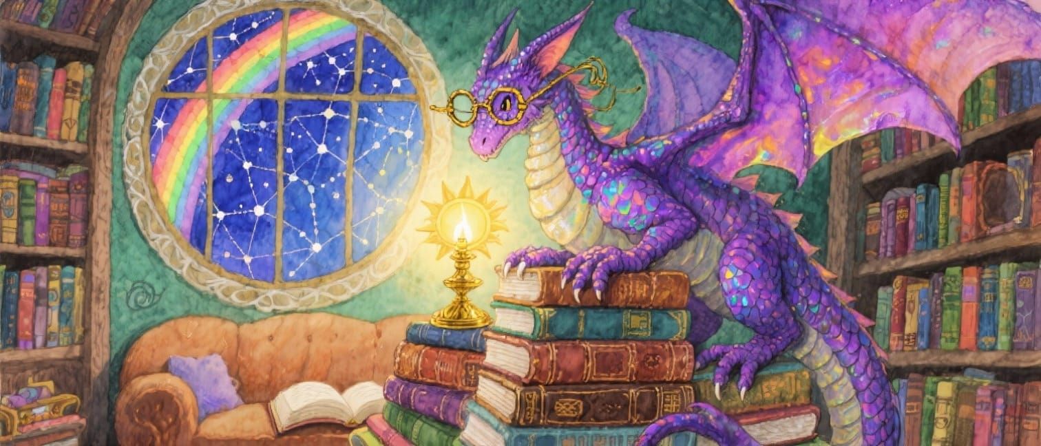 Whimsical Watercolor Dragon Librarian Reading Nook