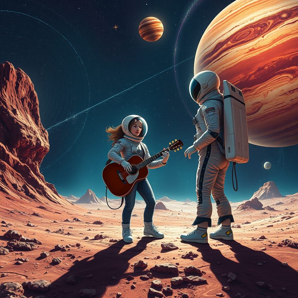 Astronaut Hitchhikes with Alien Spaceship Amidst Asteroids