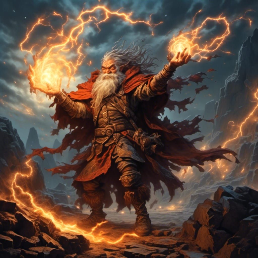Dwarf Sorcerer Wielding Magic on Rocky Landscape