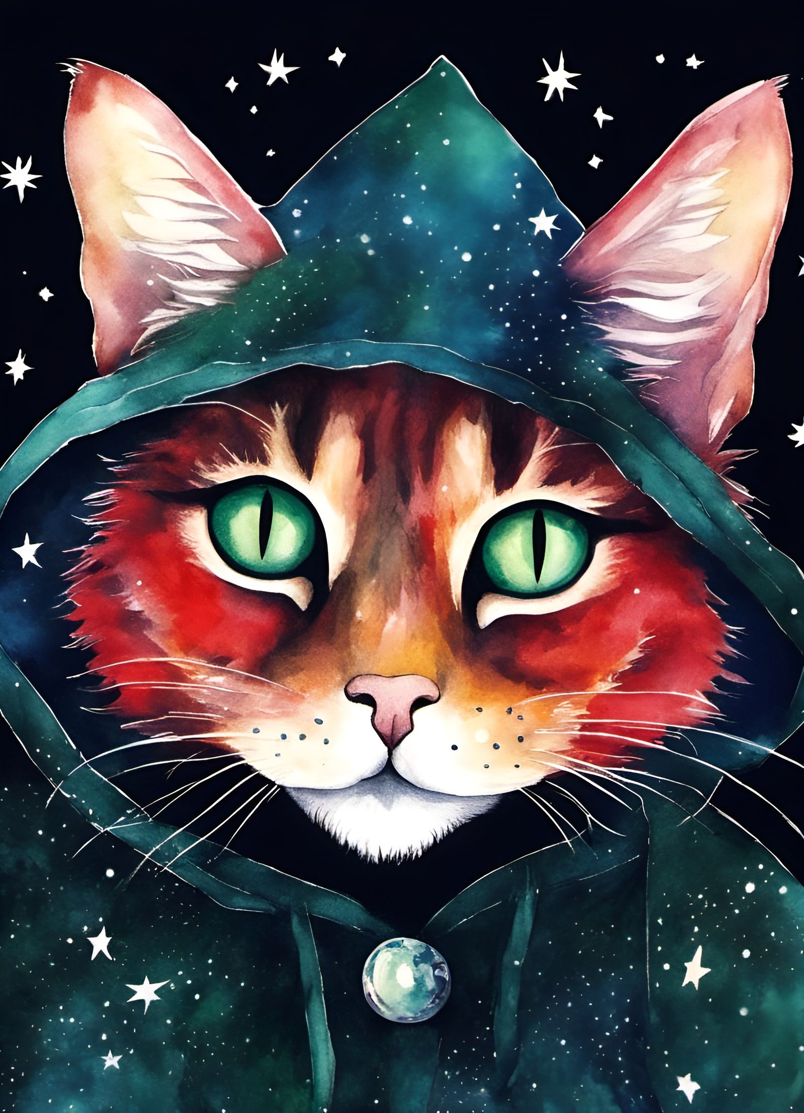 Gothic Anthropomorphic Cat in Watercolor with Stars