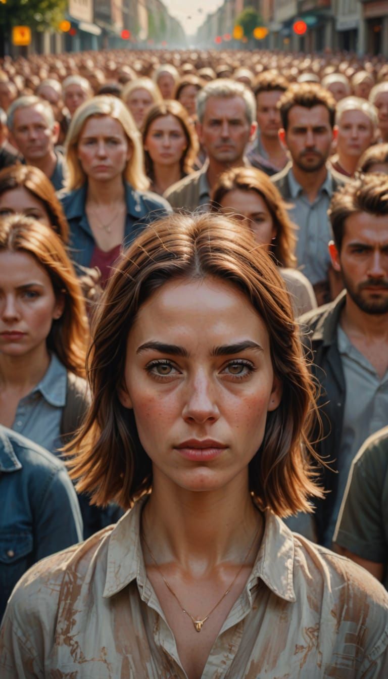 Hyperrealistic Portrait of a Woman in a Crowd