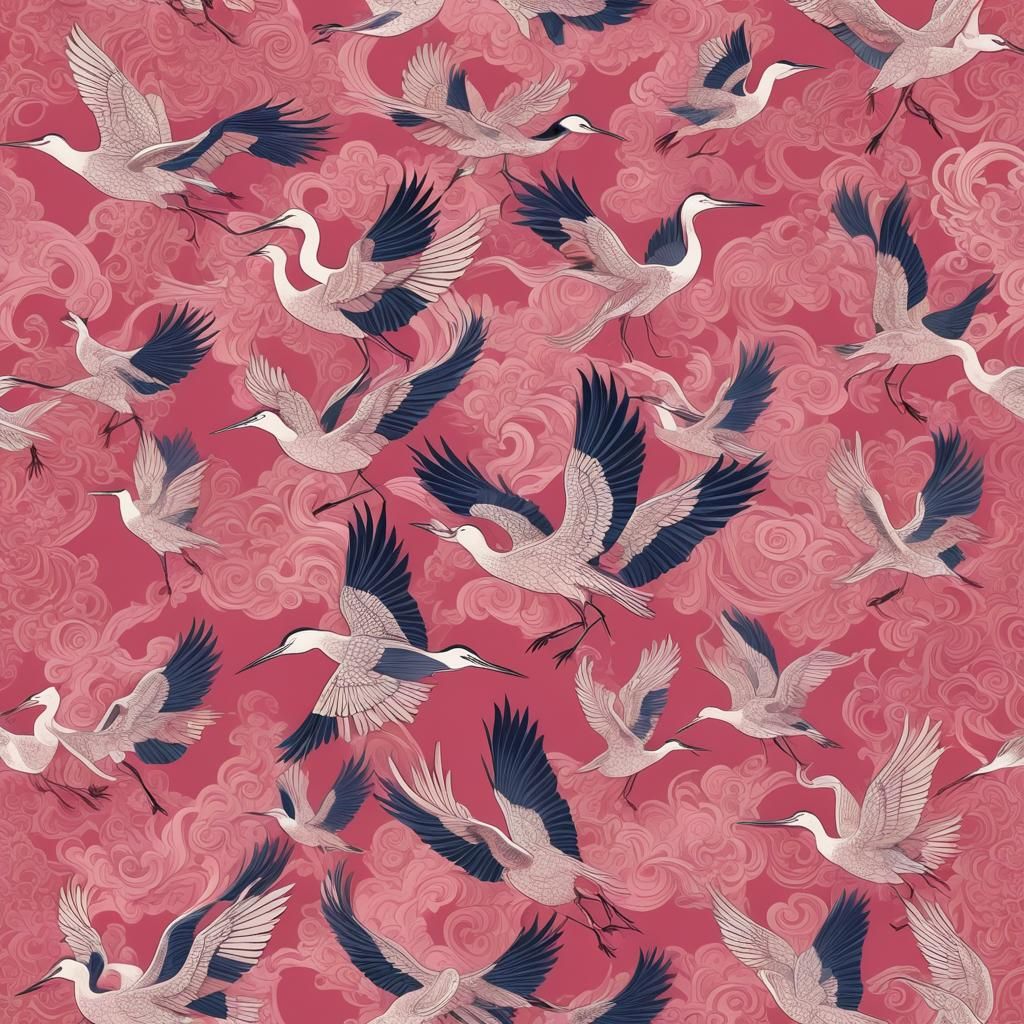 Chinese Heron in Flight with Abstract Fractal Patterns