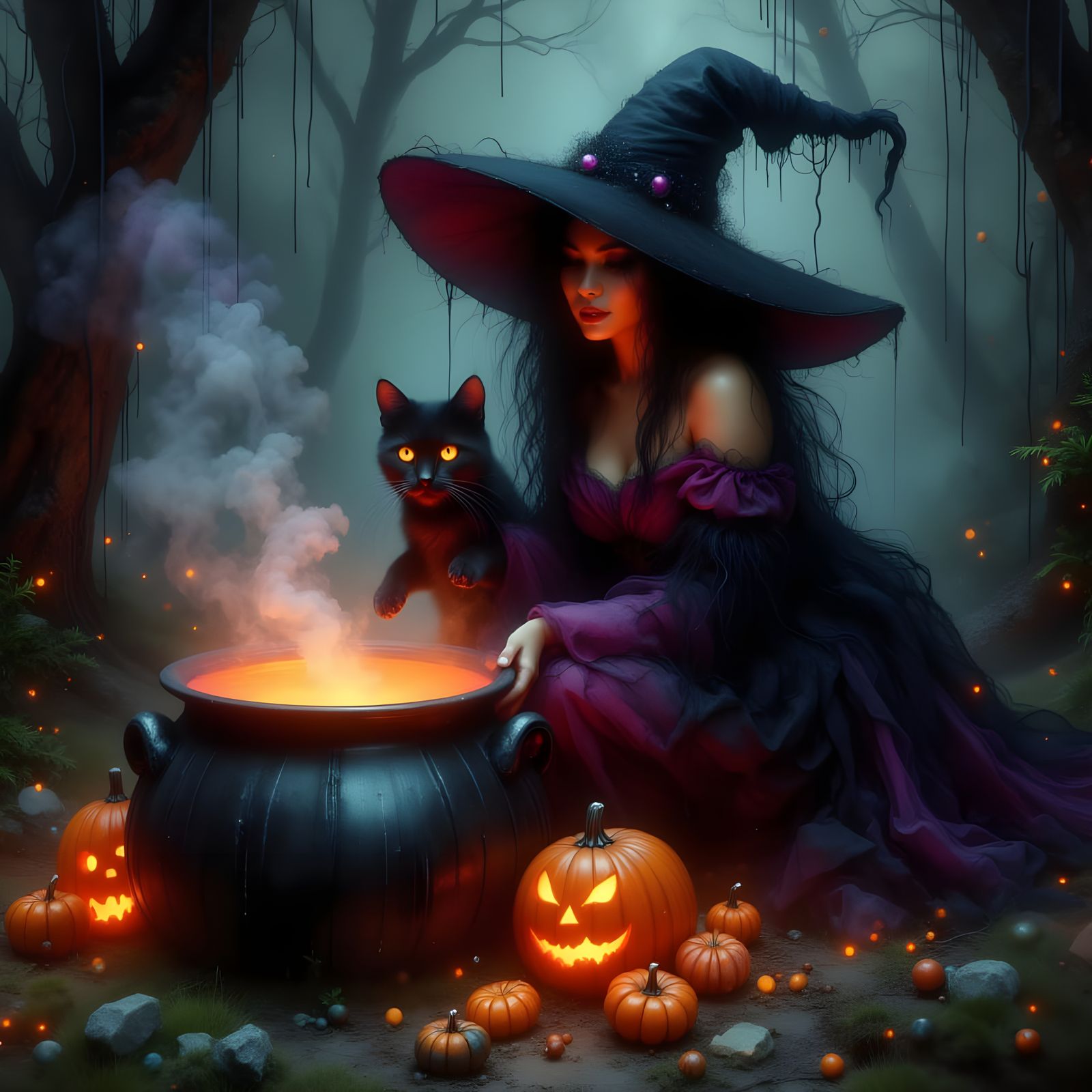 Witch Stirring Cauldron with Black Cat and Pumpkins
