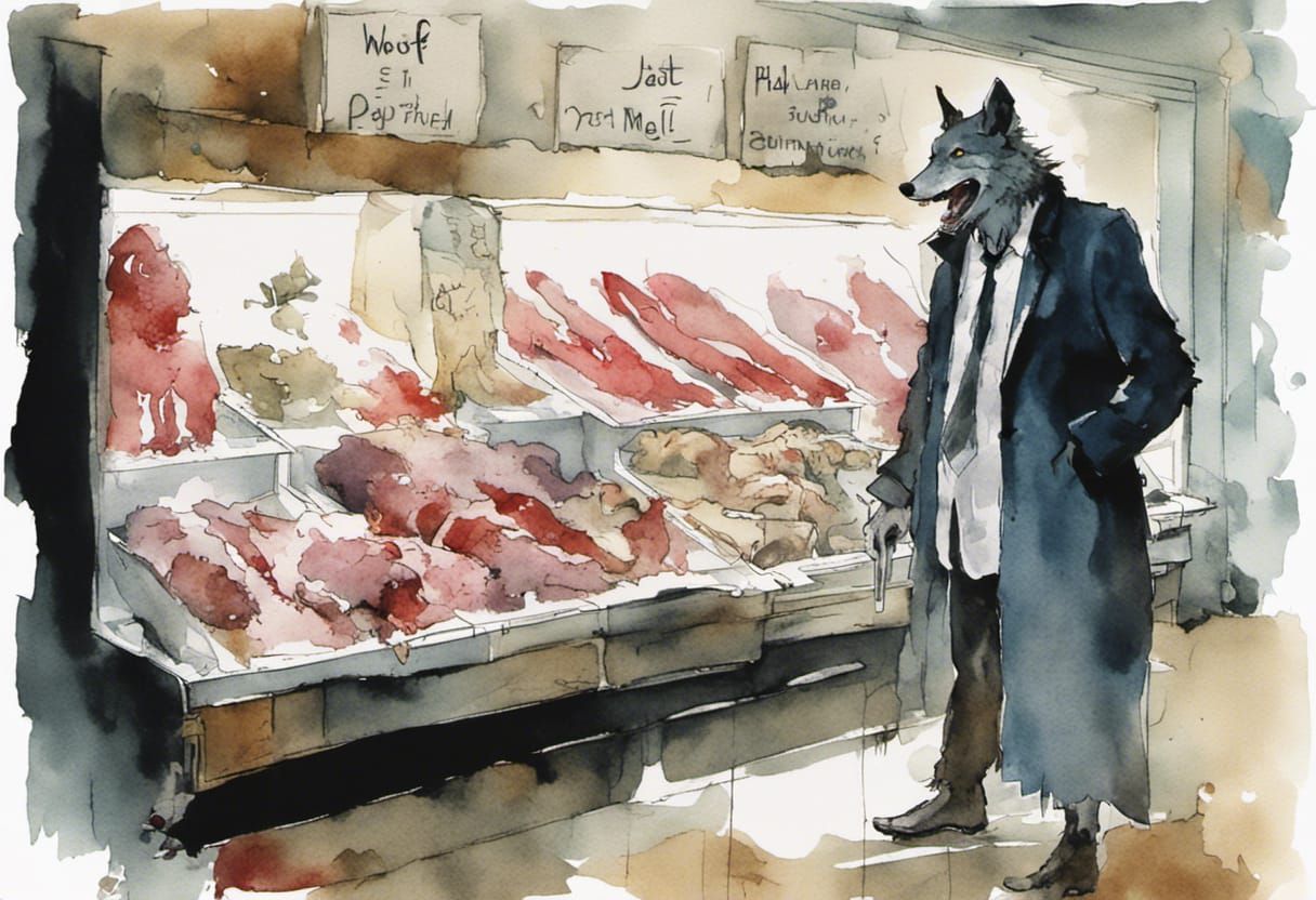 Wolf Humanoid Shopping at Butcher in Watercolor Style