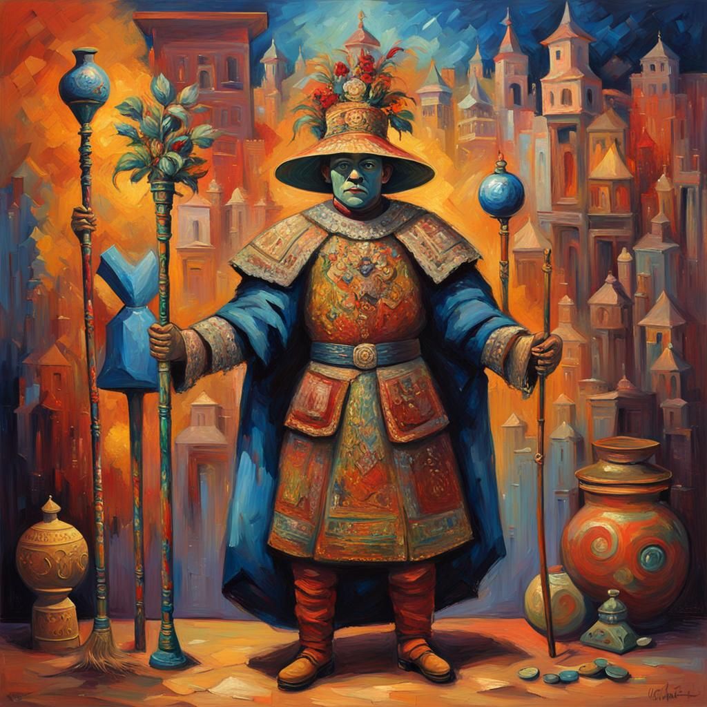 Costumed Ritual Performer in Neo-Impressionist Style