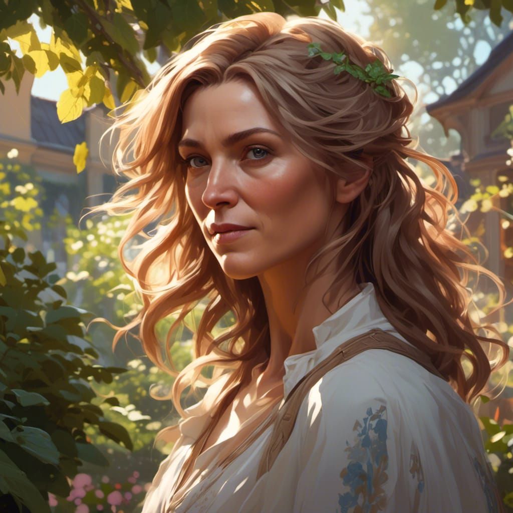 Detailed Portrait of Woman in Garden, Trending Art Style