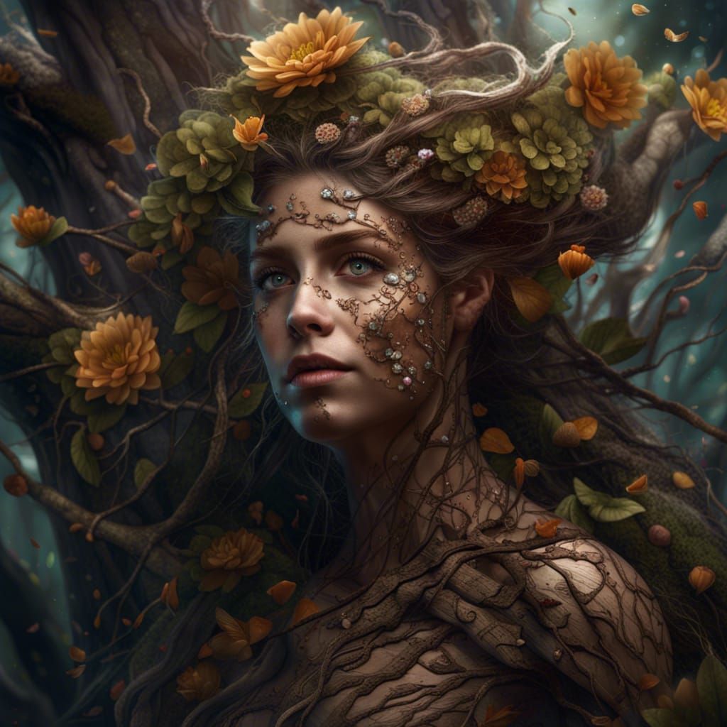 Dryad with Bark Skin and Flower Petal Hair