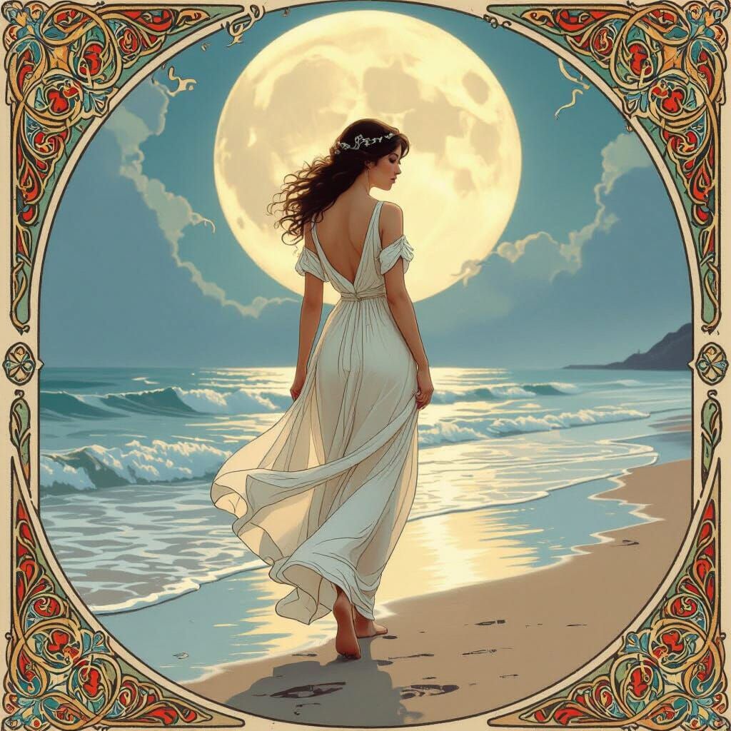 Woman on Misty Beach in Art Nouveau Style