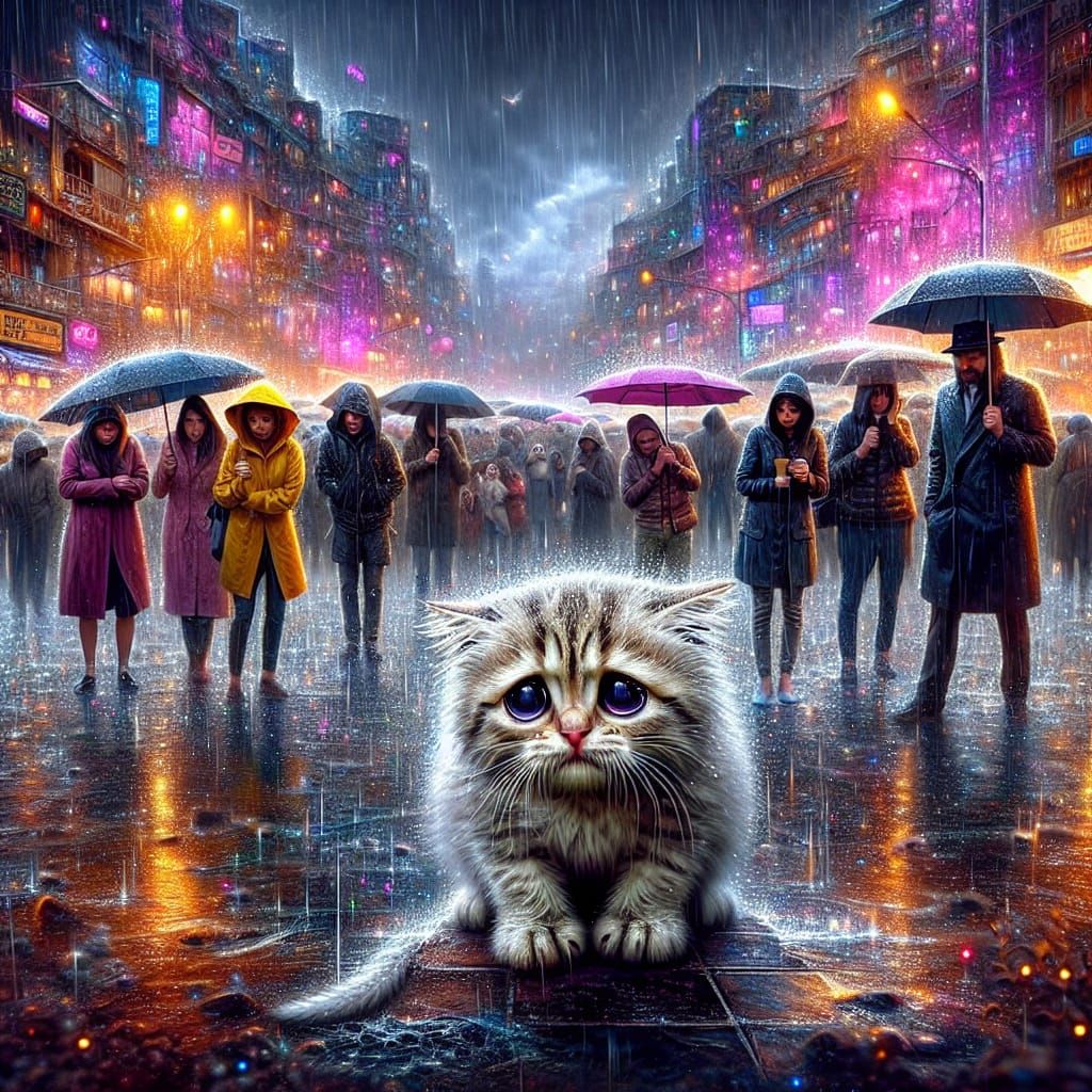 Distressed Kitten in Rainstorm: Surreal Photorealistic Art