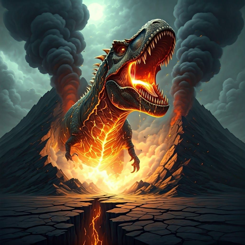 Molten T-Rex Unleashes Fury from Ancient Ruins