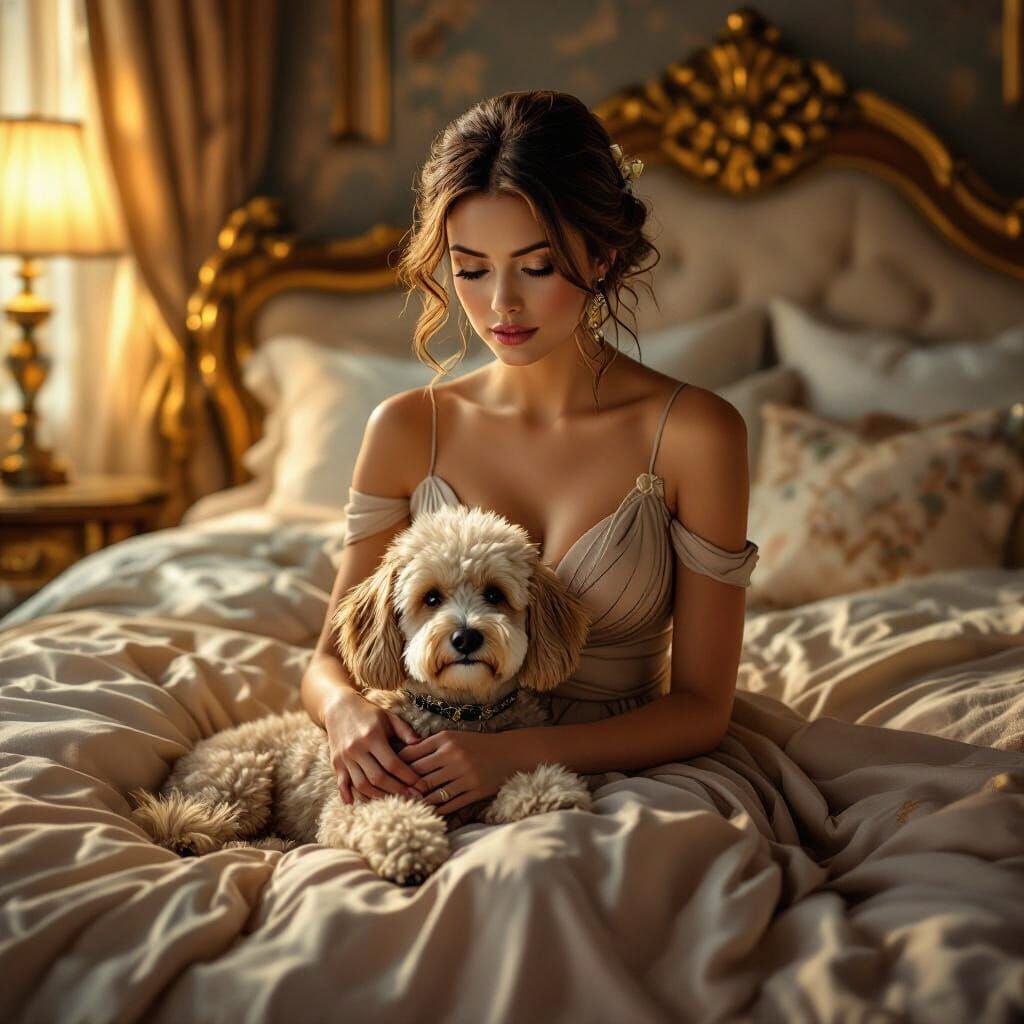 Heartbroken Woman with Dog in Lavish Setting