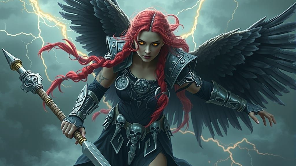 Gothic Valkyrie Soaring Through Stormy Skies