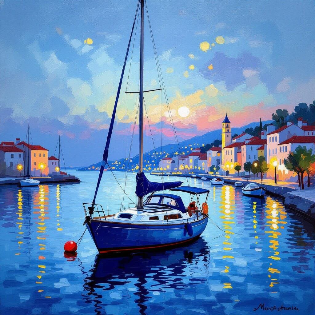 Mediterranean Harbor at Dusk in Impressionist Style