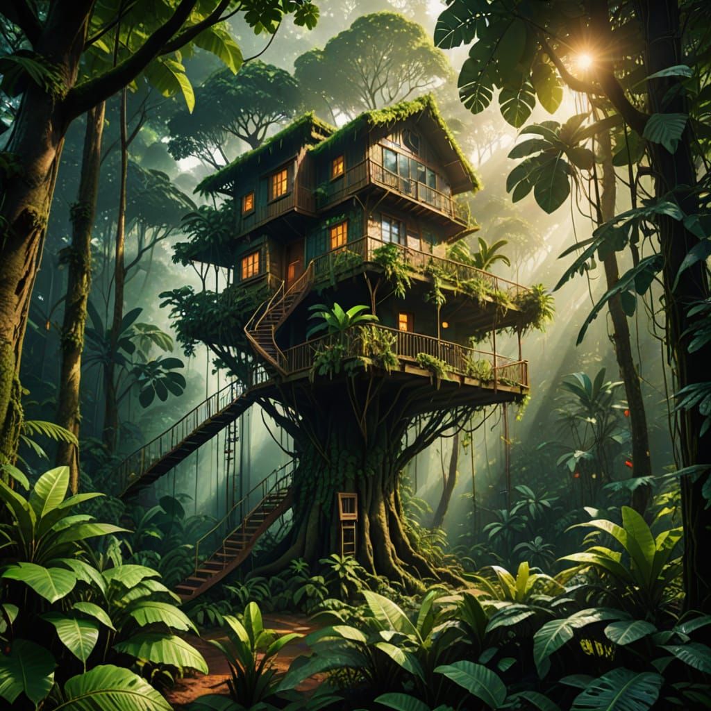 Tree house with panoramic rainforest canopy  veiws