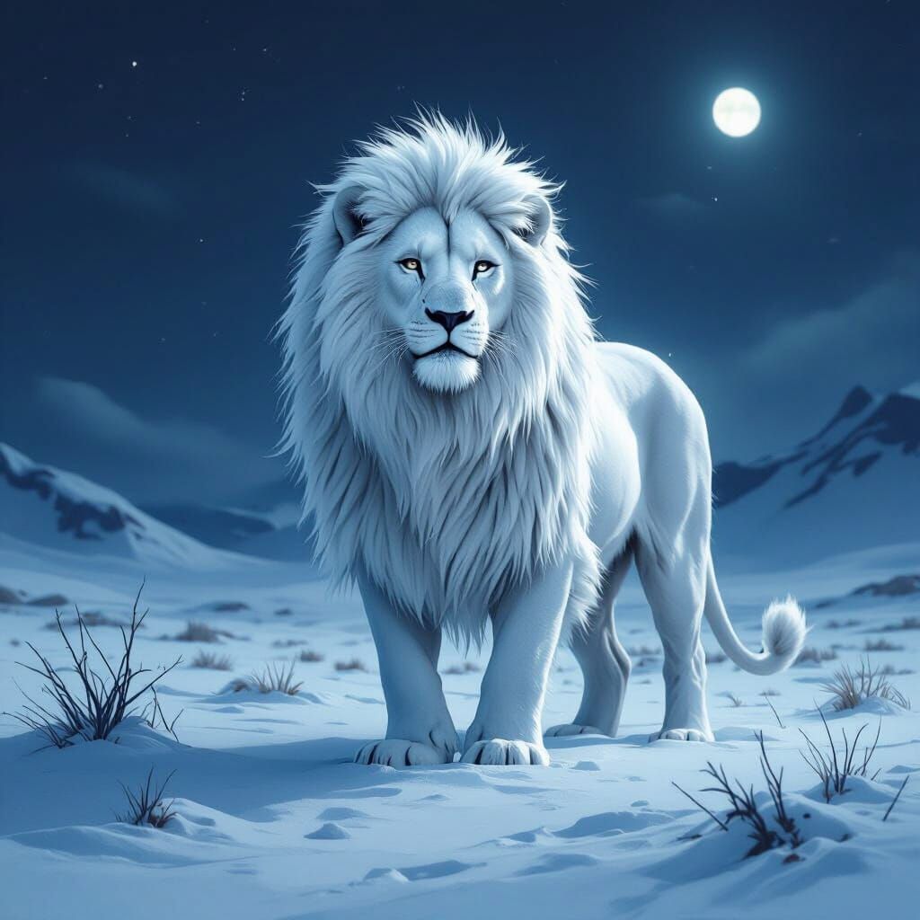 White Lion in Snowy Landscape Under Dark Sky