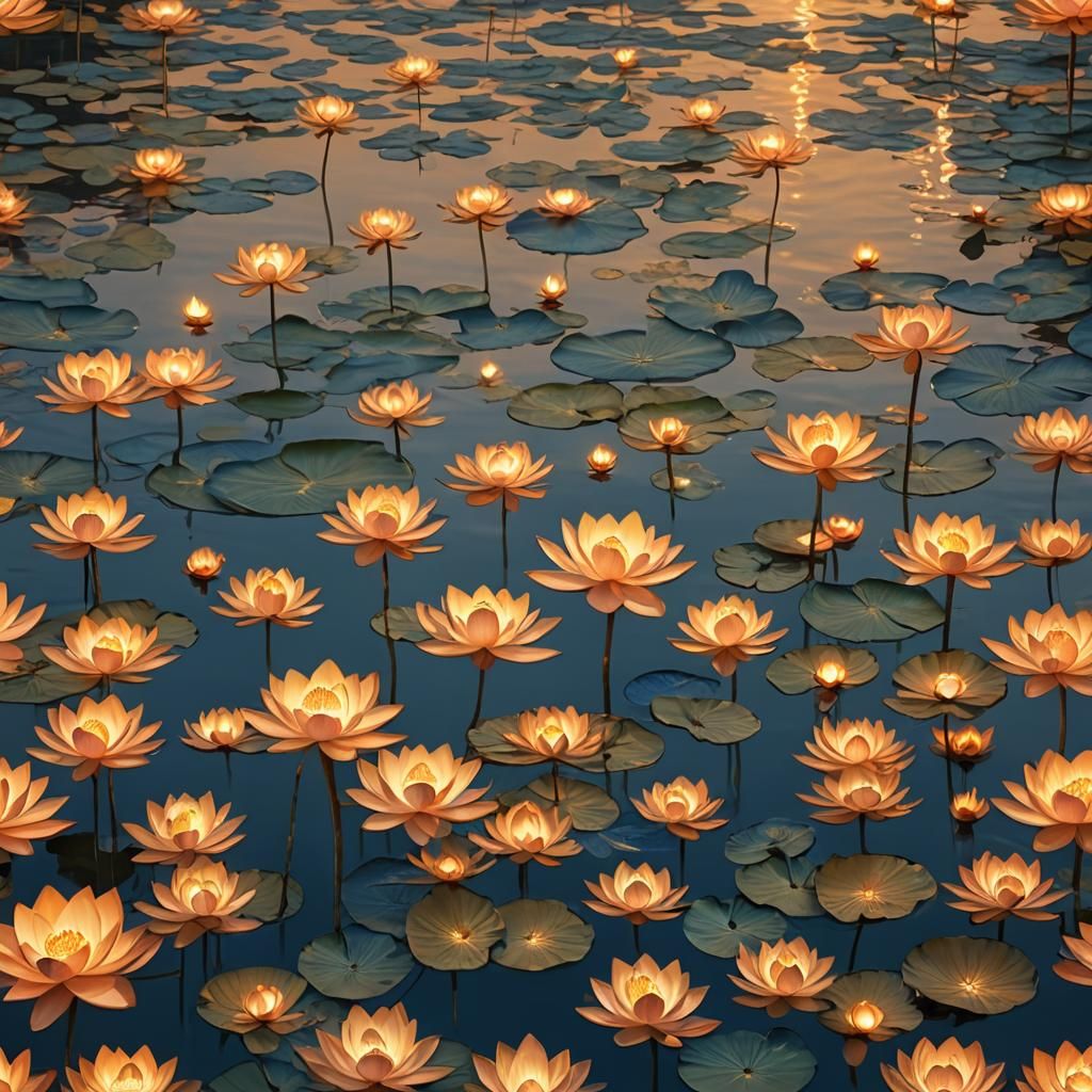 Golden Lotus Blooms on Nile River at Sunset