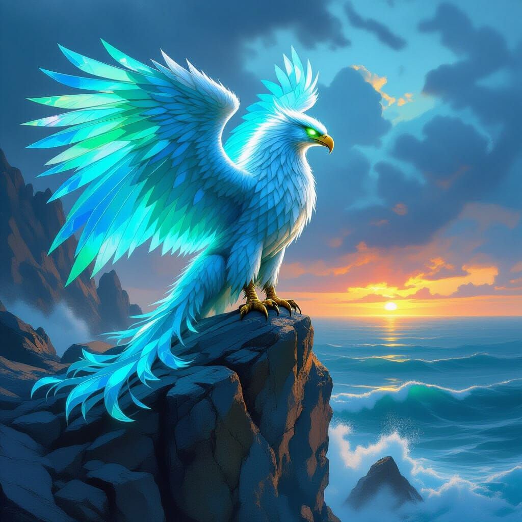 Majestic Sea Glass Griffin on Stormy Cliff