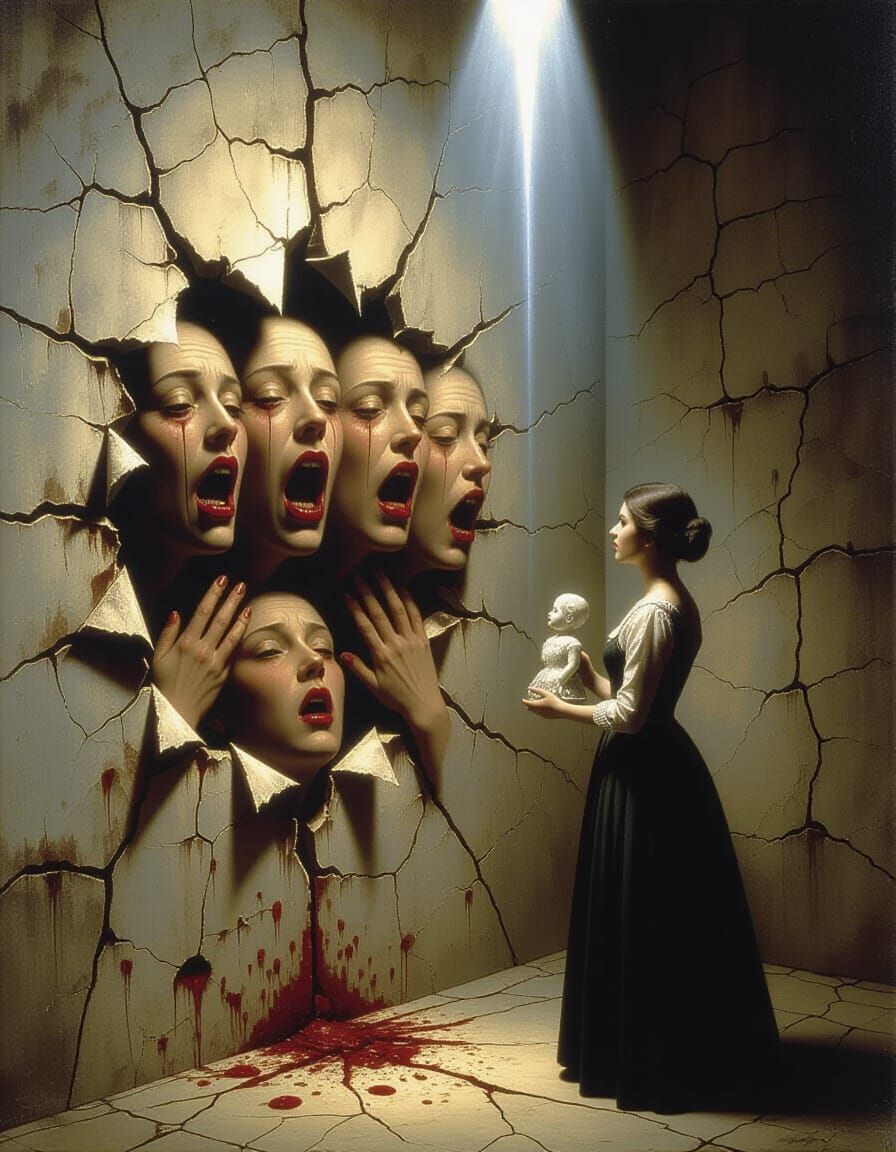 Surreal Faces Emerge From Cracked Wall Painting