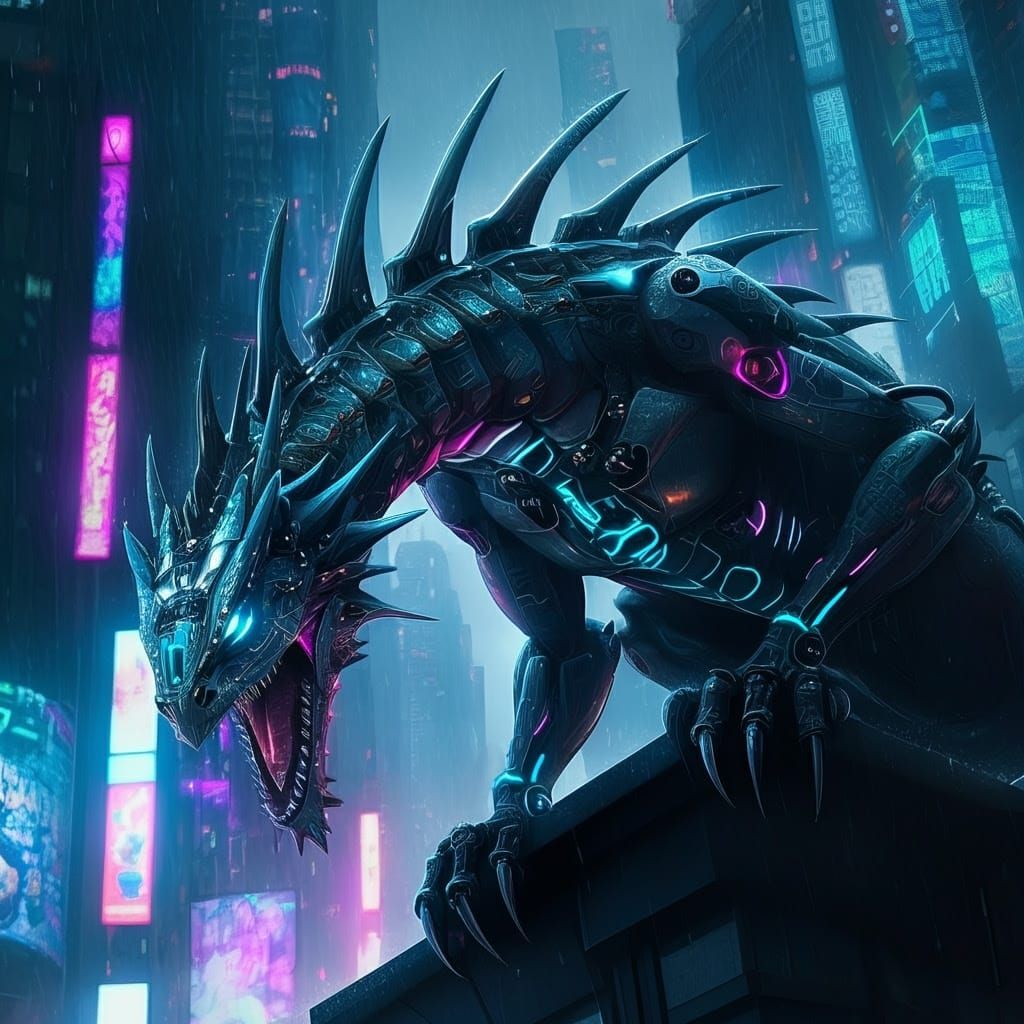Cyberpunk Dragon in Neo-Tokyo Skyscraper