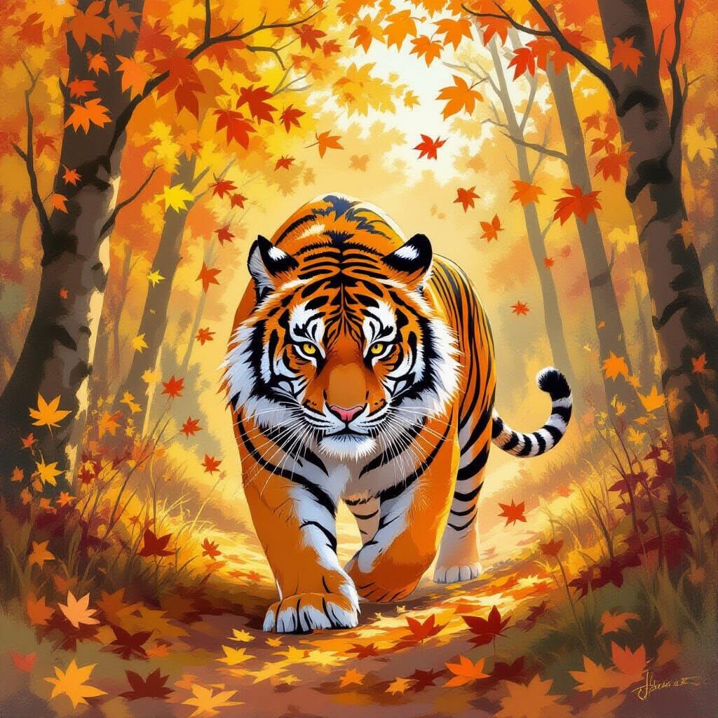 Tiger in Autumn Forest, Gouache Style