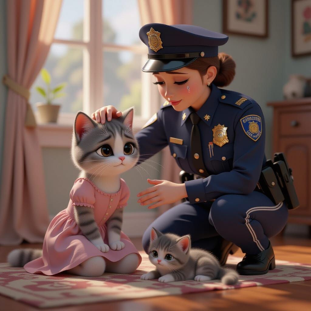 Officer Comforts Crying Cat in Pixar Animation Style