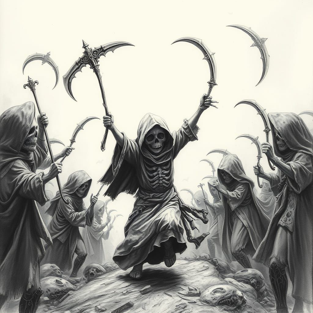 Grim Reaper Child Dances Amidst Scythes in Hyperdetailed Cha...
