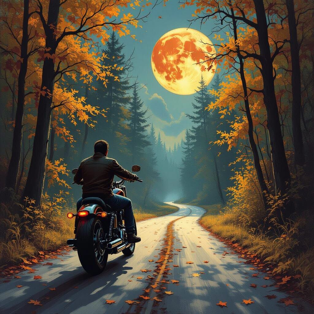 Chopper Rider Under Bloody Moon in Autumn Forest