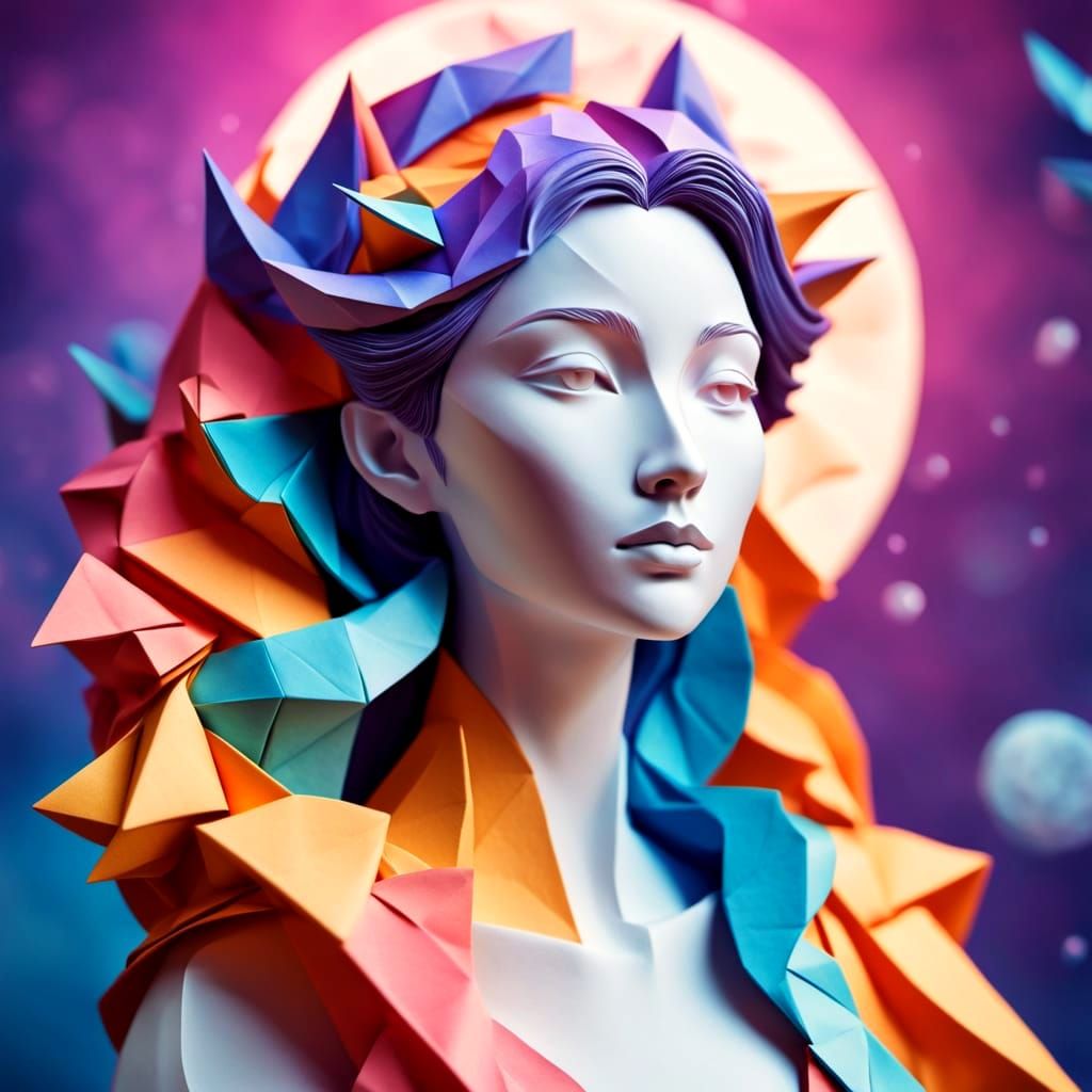 Origami Moon Goddess in Vibrant Papercraft Art