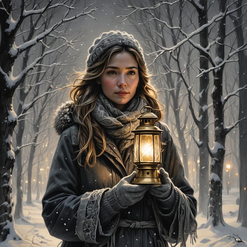 Warmly Dressed Woman Strolls Through Snowy Forest at Dusk