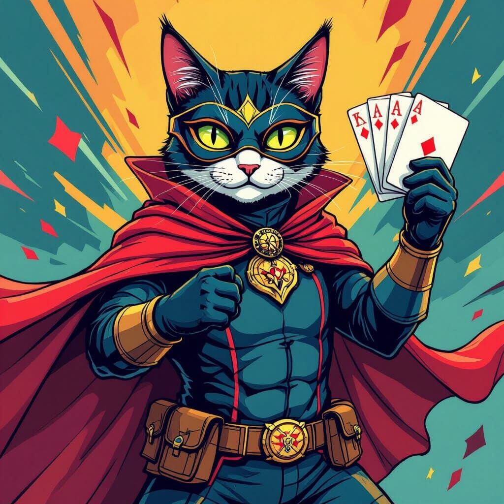 Cat Hero with Playing Cards in Vibrant Style