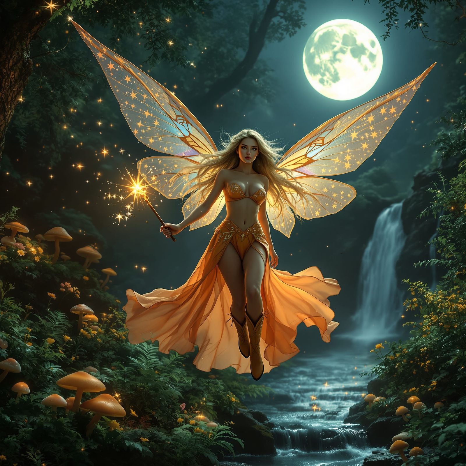 Elegant Fairy in Enchanted Forest with Mystic Waterfall