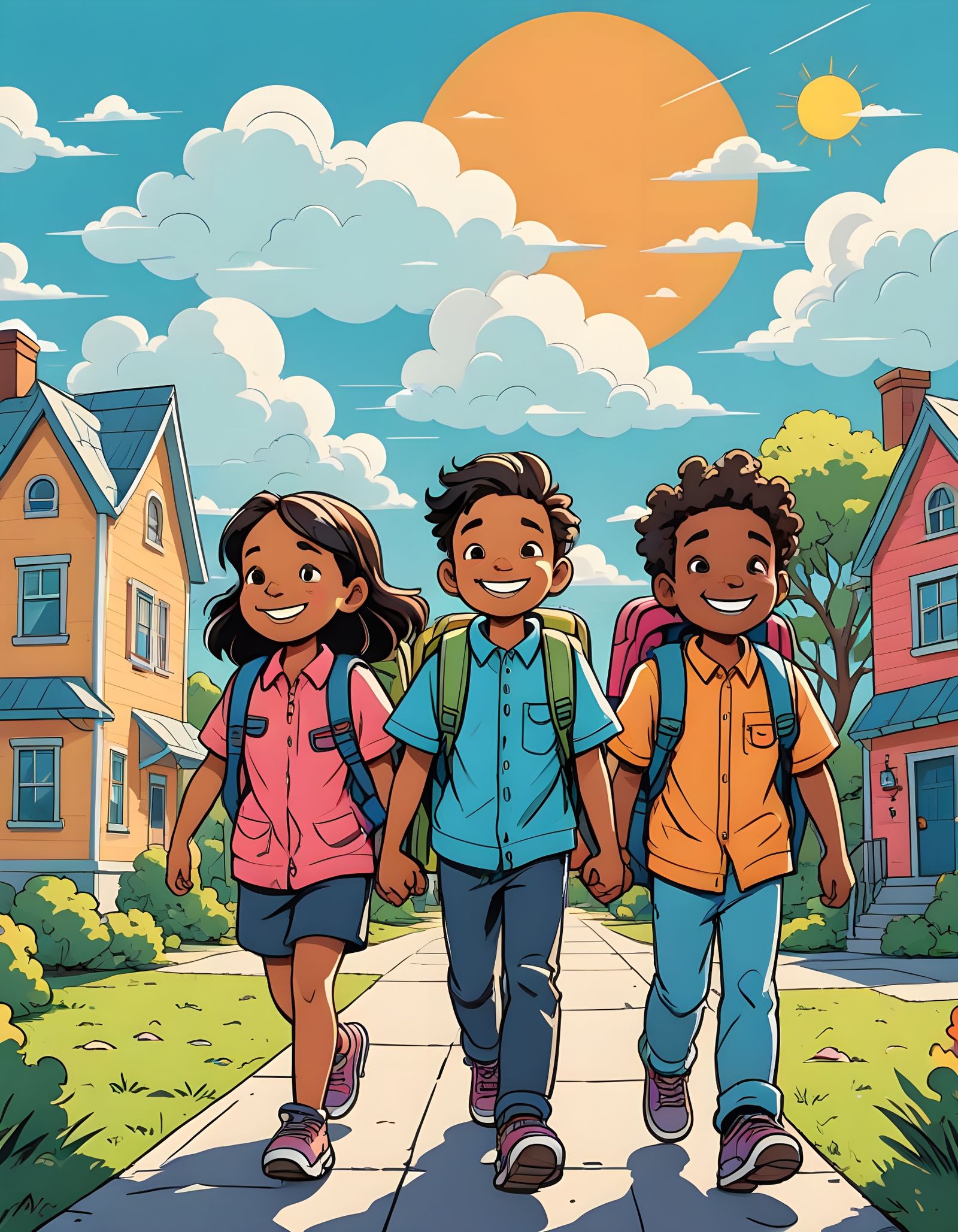 Cartoon Kids Going to School in 2D Style