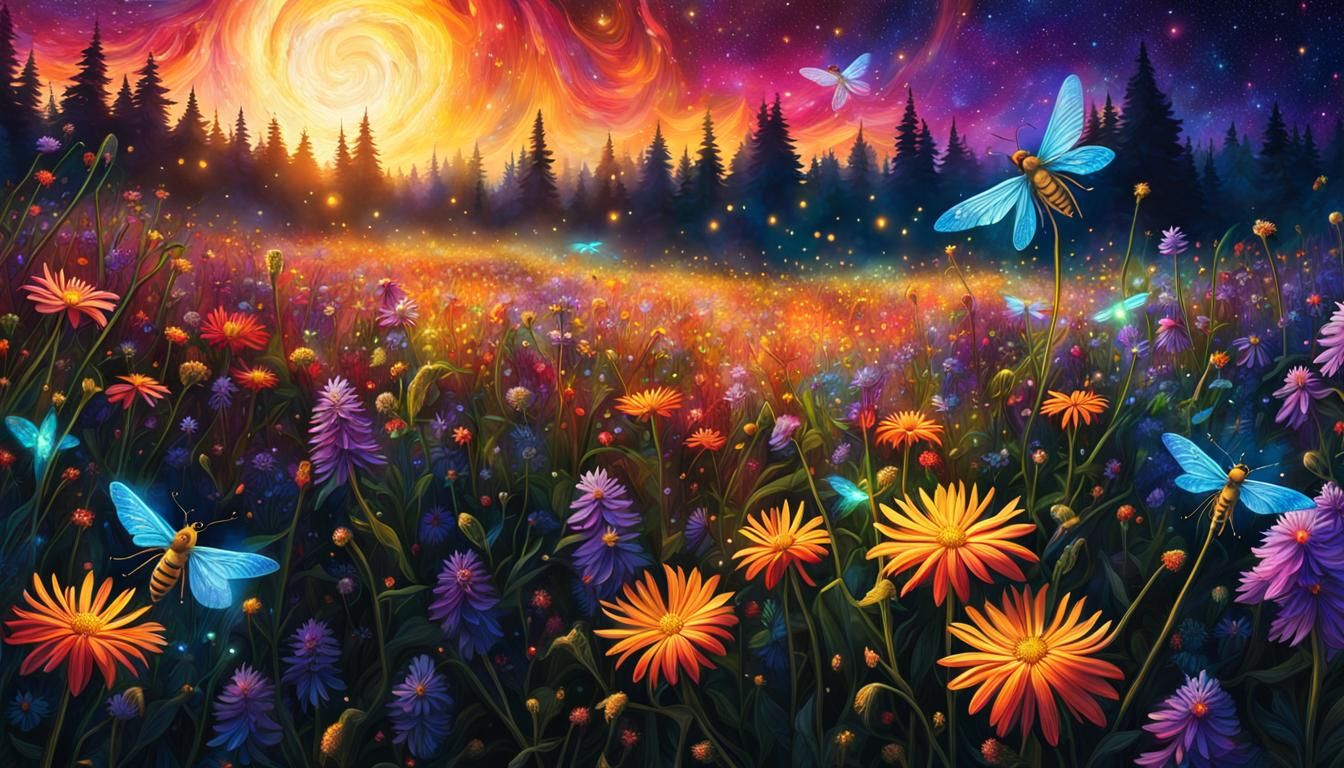 Glowing Fireflies in Wildflower Field, Astral Illustration