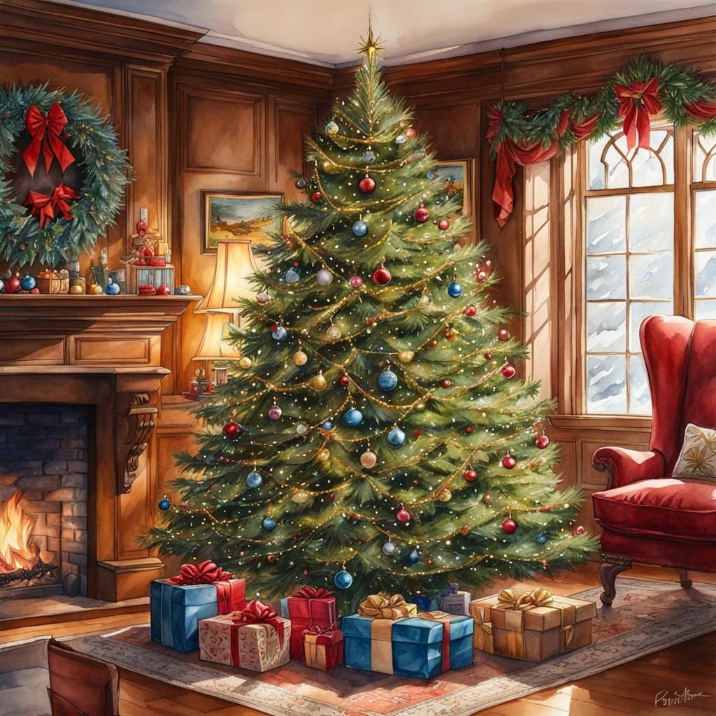 Watercolor Christmas Tree, Detailed Studio Photo