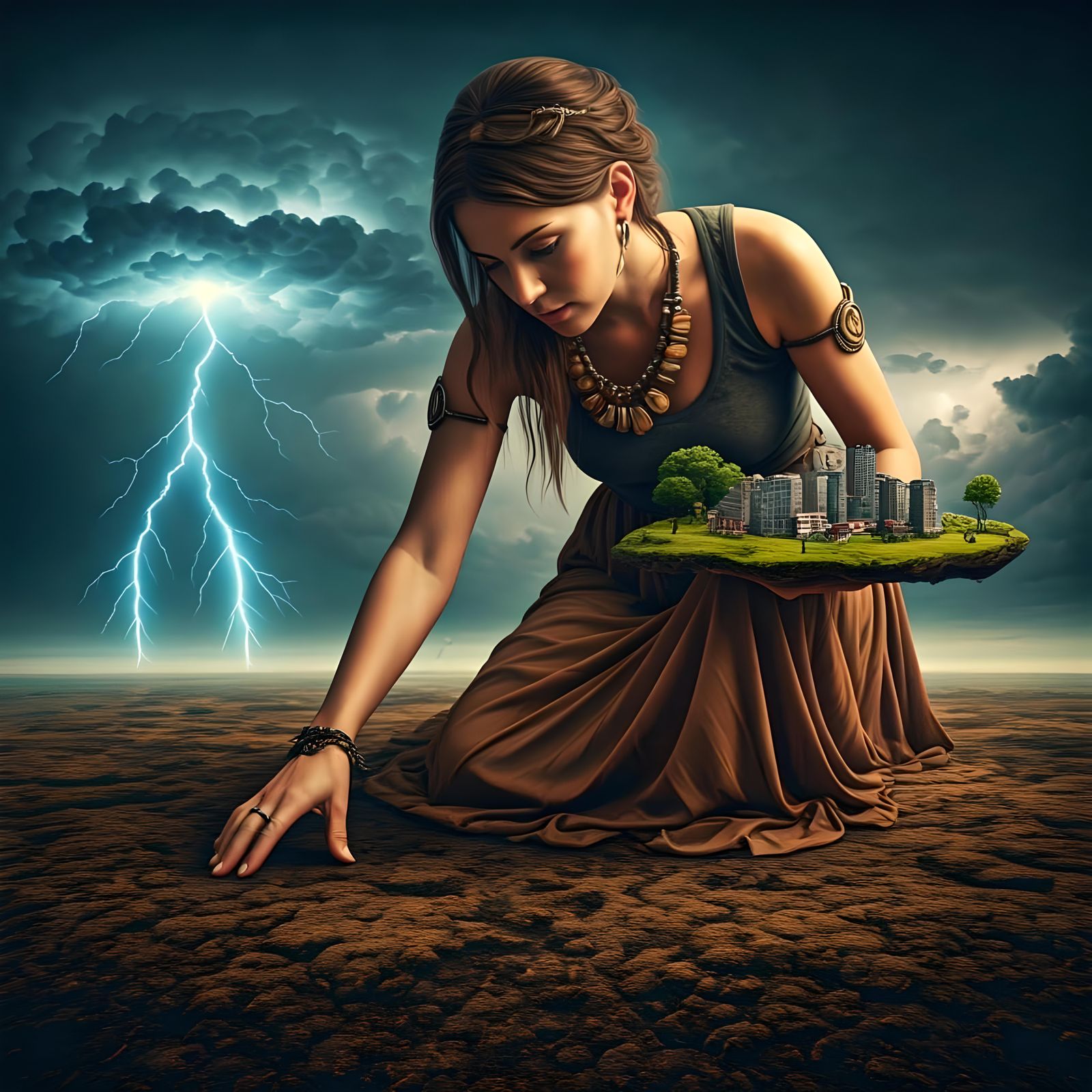 Surreal Giant Woman Connects with Earth