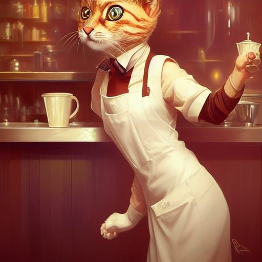 Anthropomorphic Cat Barista Concept Art Portrait