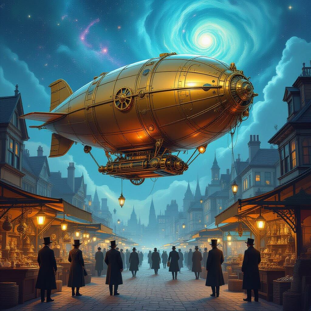 Steampunk Dirigible Over Victorian Marketplace
